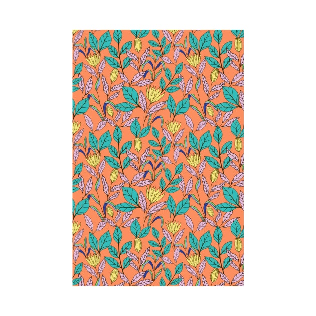 Tropical leaves and flowers botanical pattern in orange by Natalisa