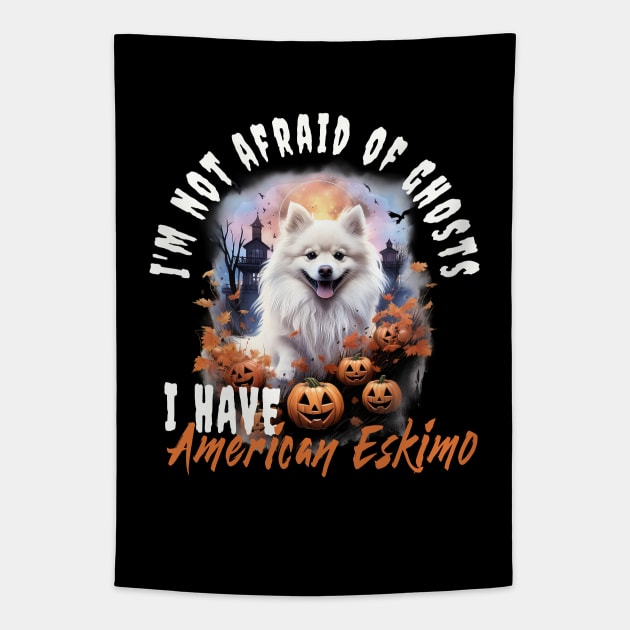 American Eskimo Dog Ghost Guardian Vintage Halloween Funny Tapestry by Sniffist Gang