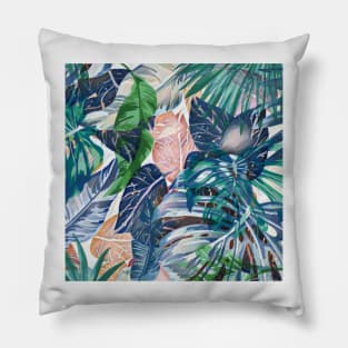 Tropical forest blue pink green beige tropical leaves Pillow