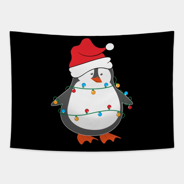 Funny Penguin Santa Hat Christmas Lights Christmas Tree Penguin Lover Christmas Gift Tapestry by BadDesignCo