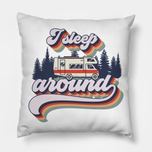 Cute retro camping van typography, I sleep around camping short quote Pillow