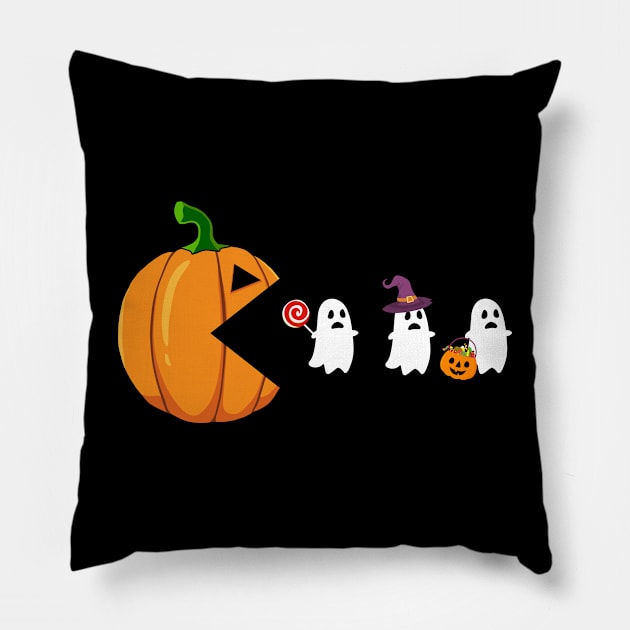 Halloween Pumpkin Eating Ghosts, Funny, Retro game, Arcade game, Geek, Gamer, for Men Women Kids, Costume, Skeleton, Ghost, Spooky, Birthday gift, Pillow by Fanboy04