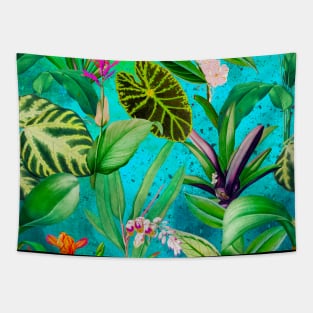 Stylish Tropical floral leaves and foliage botanical illustration, botanical pattern, tropical plants, aqua blue leaves pattern over a Tapestry