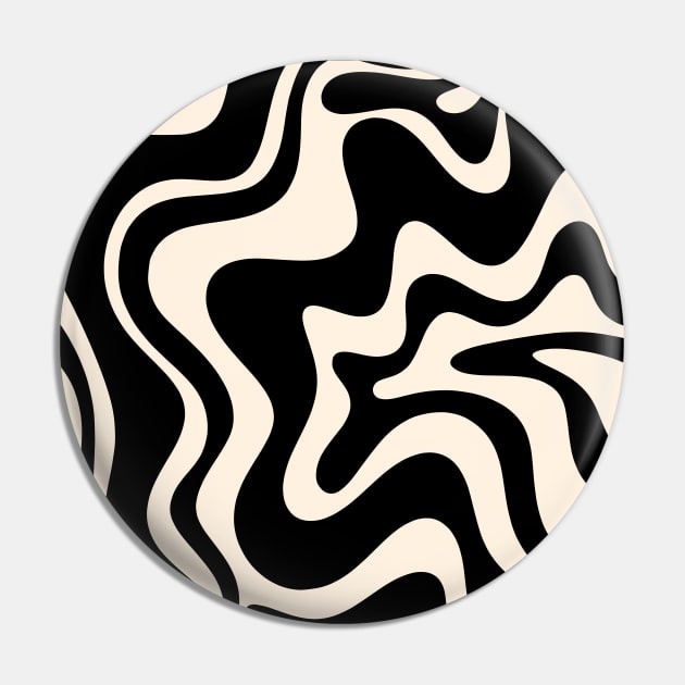 Retro Liquid Swirl Abstract Pattern Black and Almond Cream Pin by KierkegaardDesignStudio