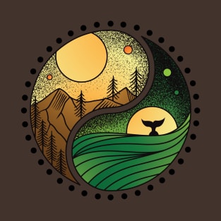 Yin Yang Nature Mountains Sunset Ocean Night Sky Whale T-Shirt