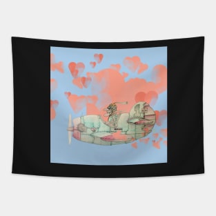 Old pilot with old airplane in the sky with hearts Tapestry