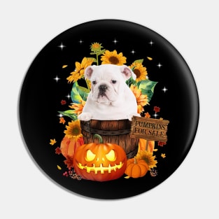 White English Bulldog Halloween Pumpkin Fall Bucket Pin