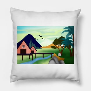 Colorful panoramic eco landscape with small house placed in secluded valley land with mountains and blue sky Pillow