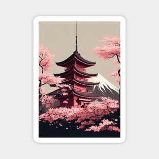 Serene Serenity: Minimal Japanese Temple, Cherry Blossoms and Mount Fiji Magnet