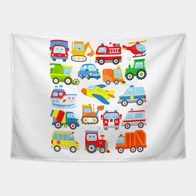 18 Cars Trucks Vehicles Locomotive Trash Truck School Bus Plane Boat Car Digger Tractor Tapestry by samshirts