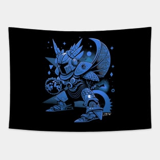 evil armored knight in blue art ecopop cartoon Tapestry