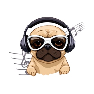 Dog Breeding Retro Pugs Cute Puppies with Headphone Musical Instrument for dogs lover T-Shirt