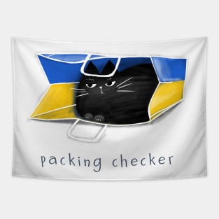 Cartoon black cat in the package and the inscription "Packing Checker". Tapestry