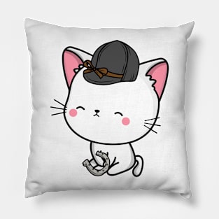 Funny white cat is ready to ride a horse Pillow