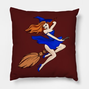 Funny art print. Witch on a broomstick. Halloween. Printing on clothes. Holiday card. drawing. Image of a cool witch. Pillow