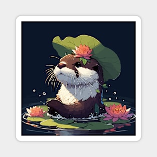 Kawaii Anime Otter Bath With Water Lily Magnet