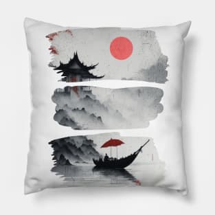 Boat and Red Sun Pillow