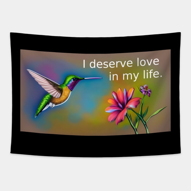 Love mantra with hummingbird colorful design Tapestry by Dok's Mug Store