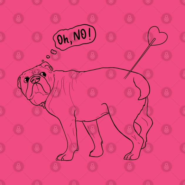 Oh, no! Touched by Cupid's arrow - funny english Bulldog With Heart Arrow - Humorous Valentine's Day, black lineart illustration by illograph