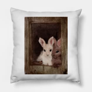 Bunny Love Two watercolor bunnies lounging in a barn Pillow