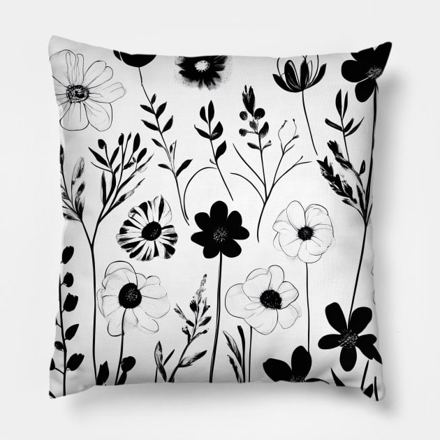 Black and white flowers minimal handdrawn Pillow by craftydesigns
