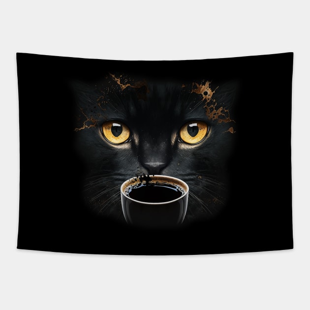 Black Cat Drinking Coffee, Coffee Cat Lover Tapestry by dukito