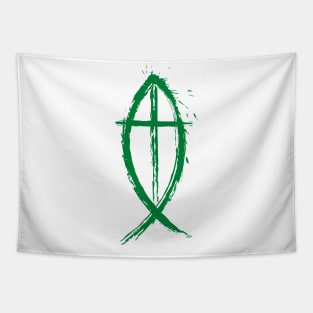 Cross And Fish Christian Design - Green Edition Tapestry