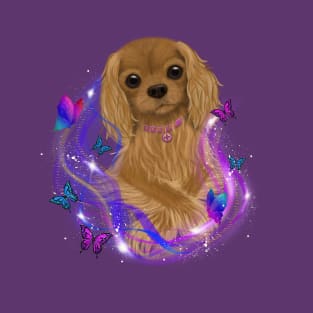 Magical Cavalier King Charles Spaniel and Butterflies, Ruby T-Shirt