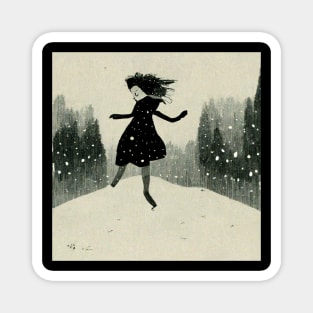 Girl excited and playing in the snow as the flakes begin to fall. Magnet