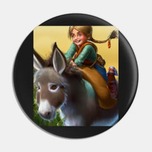 Girl with blond ponytail riding a cute donkey Pin