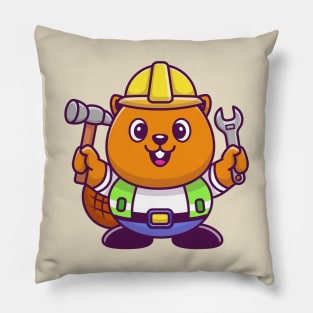 Cute Beaver Construction Cartoon Pillow