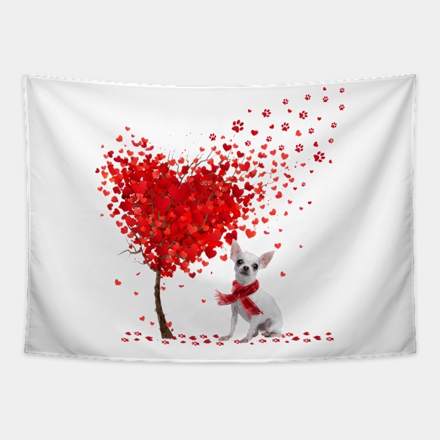 Valentine's Day Heart Tree Love White Chihuahua Tapestry by SuperMama1650