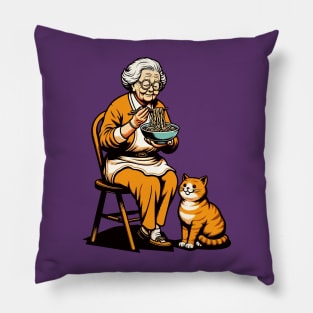 Grandma sitting on a chair with a cat, both enjoying noodles Pillow