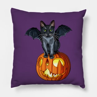 Halloween Vampurr Bat Cat Sitting on a Cat-O-Lantern Pillow