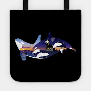 Orcas framing the Lime Kiln Point lighthouse Tote