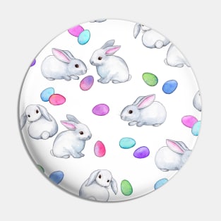 Easter Bunnies with Rainbow Pastel Eggs on white Pin