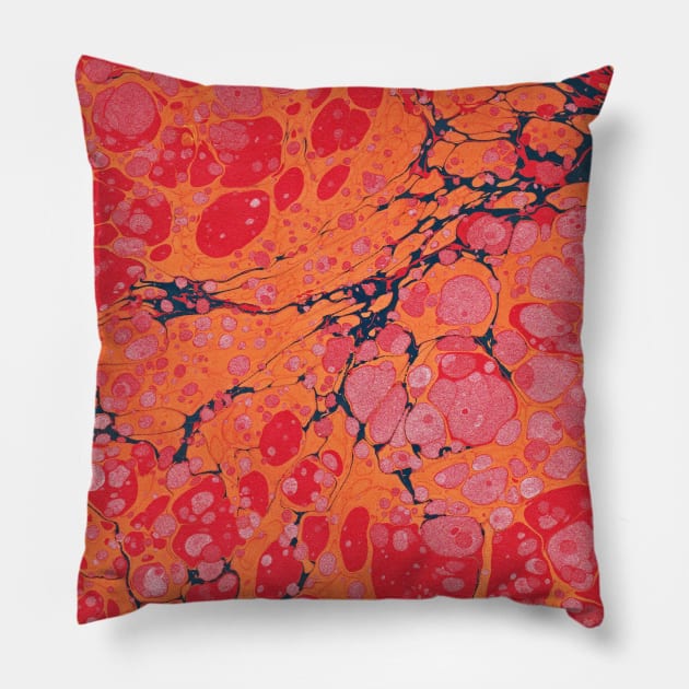 Orange red and purples marbled paper Pillow by kittyvdheuvel