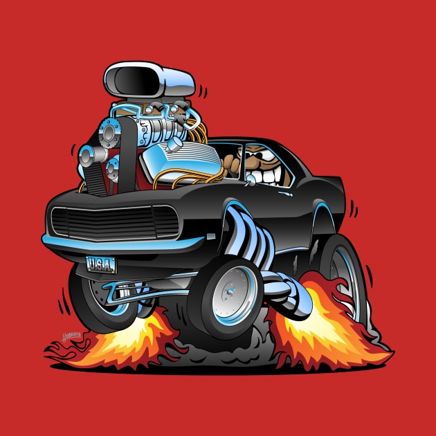 Classic Sixties American Muscle Car Popping a Wheelie Cartoon Illustration by hobrath