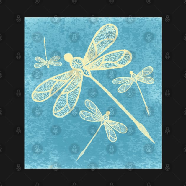 Abstract dragonflies in yellow on textured blue by hereswendy