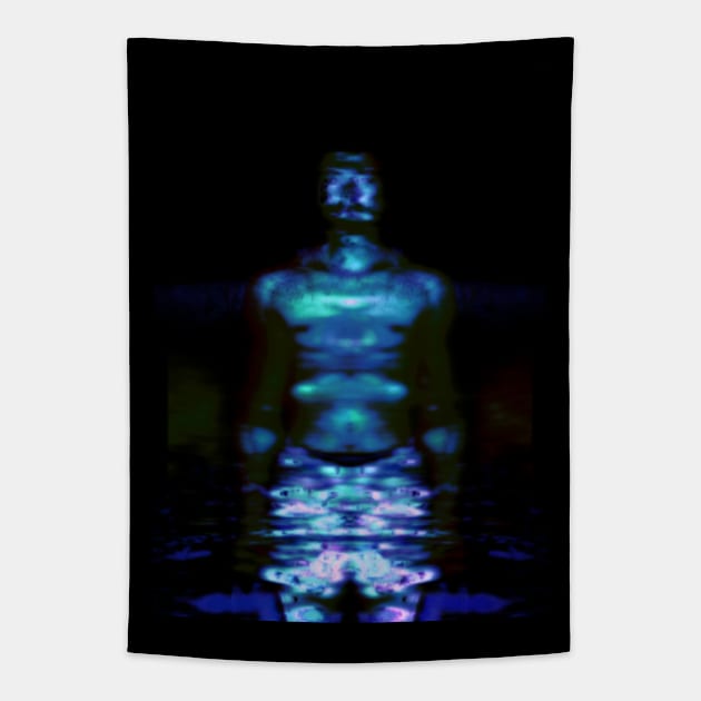 Portrait, digital collage and special processing. Muscular weird guy in briefs. Darkness. Glow. Bright. Tapestry by 234TeeUser234