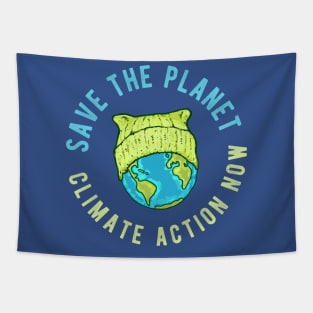 Green Cat Hat Earth - Save the Planet - Climate Action Now Tapestry