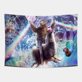 Rainbow Laser Sloth On Llama Unicorn In Space Tapestry