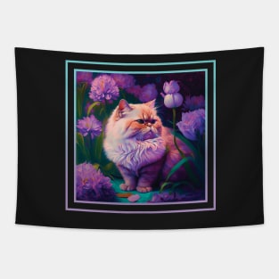 Smol Persian Cat Vibrant Tropical Flower Digital Oil Painting Portrait Tapestry