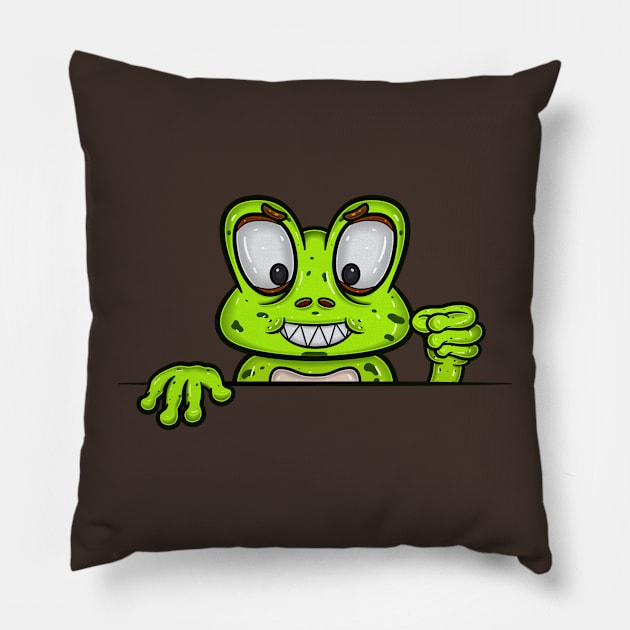 Frog Cartoon With Evil Face Expression Pillow by tedykurniawan12