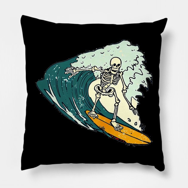 Skeleton Surfer Riding Big Wave Pillow by tropicalteesshop