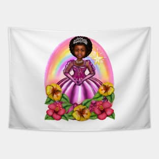 Black Afro Princess in purple with flowers and rainbow i ! beautiful  black girl with Afro hair, brown eyes and dark brown skin. Hair love ! Tapestry