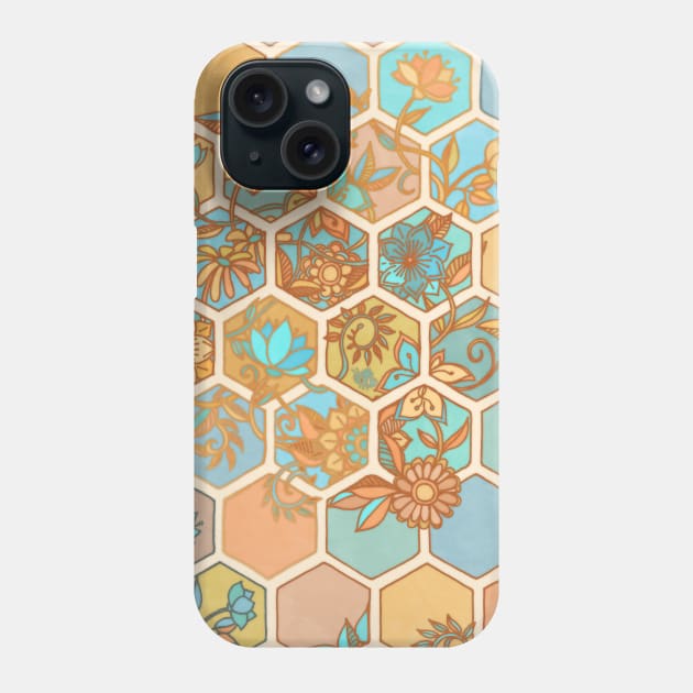 Golden Honeycomb Tangle - hexagon doodle in peach, blue, mint & cream Phone Case by micklyn