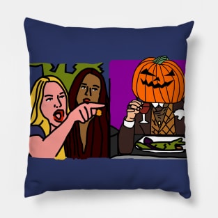 Halloween Horror Woman Yelling at Cat Memes with Pumpkin Head Leonardo Pillow