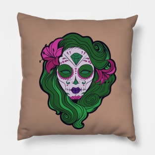 Green hair Pin-up goth girl graphic design Pillow