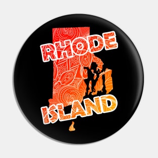 Colorful mandala art map of Rhode Island with text in red and orange Pin